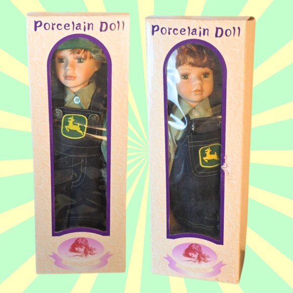 Set of 2 Vitnage John Deer Porcelein Dolls with Original Boxes - Picture 1 of 4